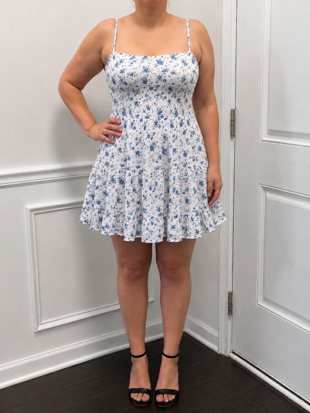 No Boundaries White Mini Dress with Blue Floral Print